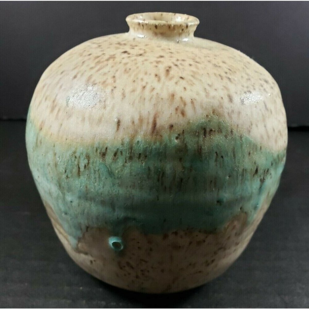 Vintage Artisan Aqua Blue Brown Speckled Glazed 5" Bud Vase Weed Pot Pottery MCM